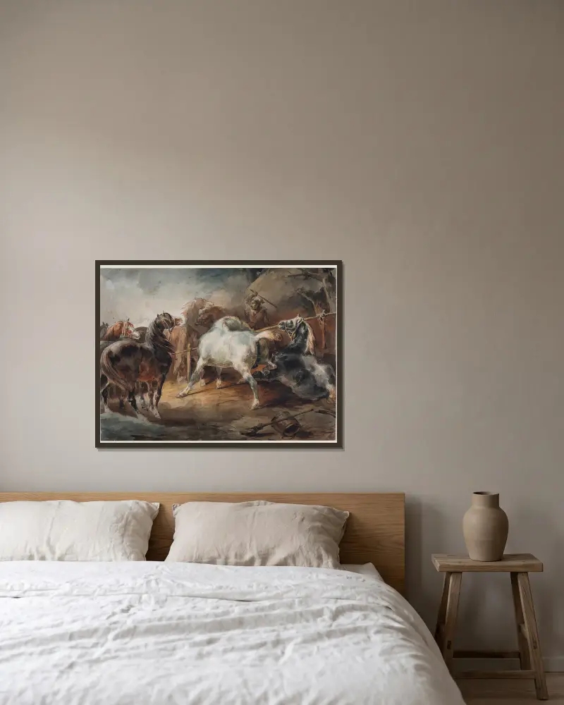 Fighting Horses av Théodore Géricault inramad på en vägg