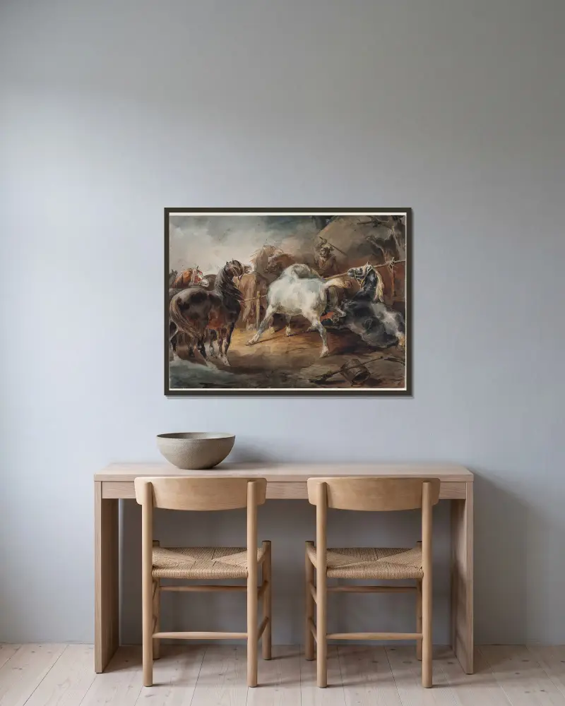 Fighting Horses av Théodore Géricault inramad på en vägg