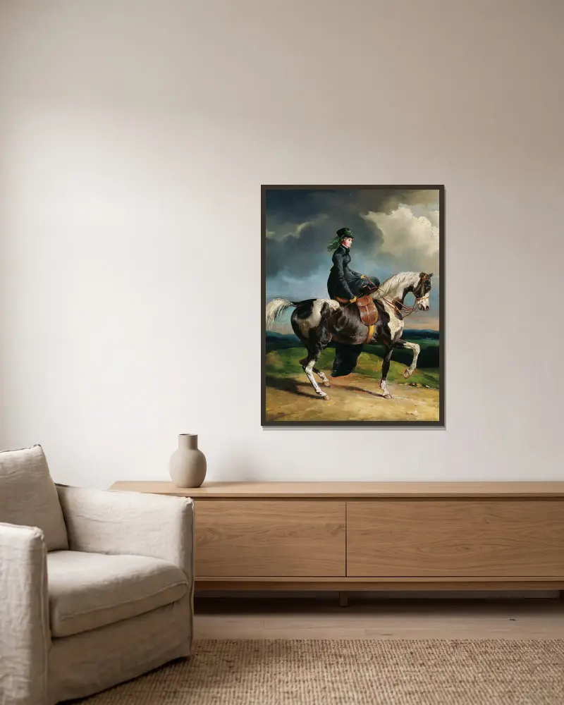 Horsewoman (1820 or later) av Théodore Géricault inramad på en vägg