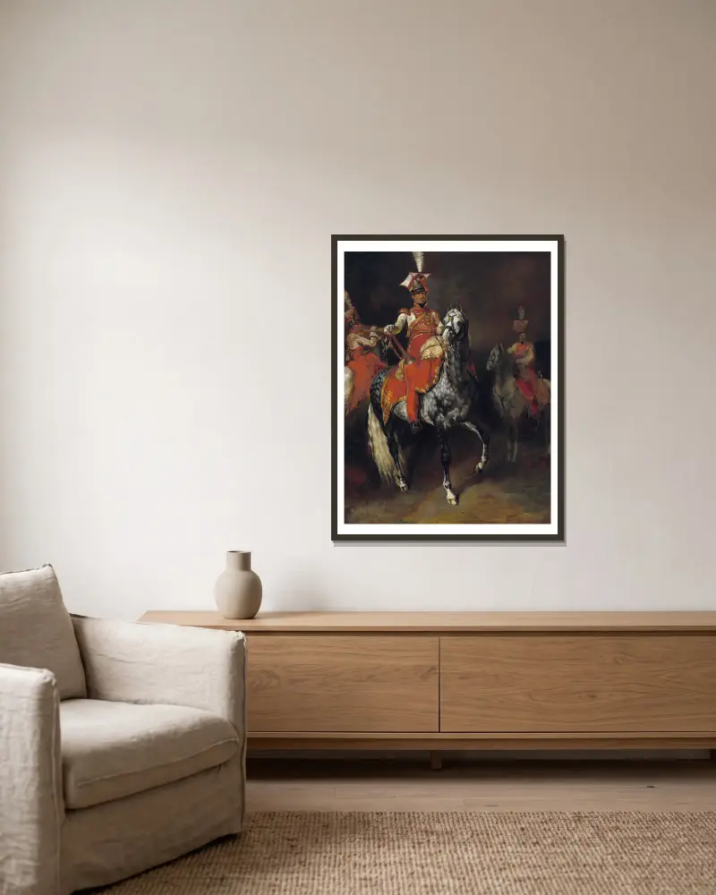 Uppställda trumpetare ur Napoleons kejserliga garde av Théodore Géricault inramad på en vägg