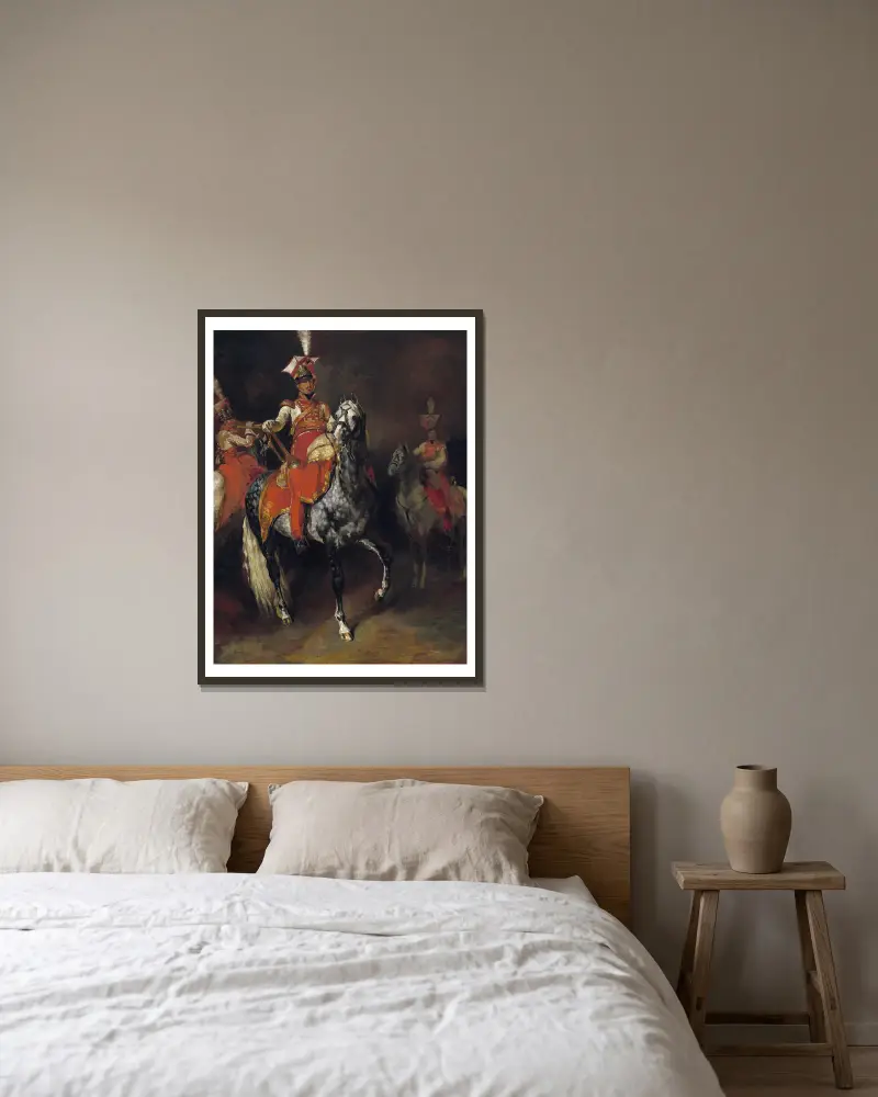 Uppställda trumpetare ur Napoleons kejserliga garde av Théodore Géricault inramad på en vägg