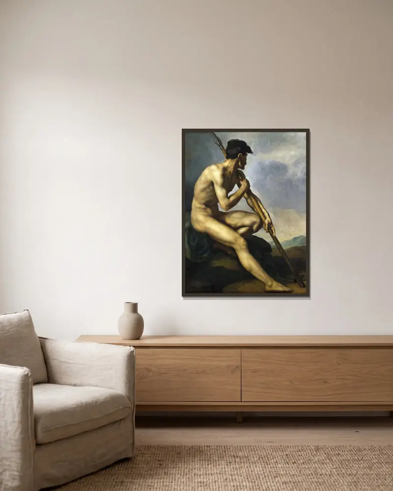 Nackter Krieger mit Speer von Théodore Géricault gerahmt an einer Wand