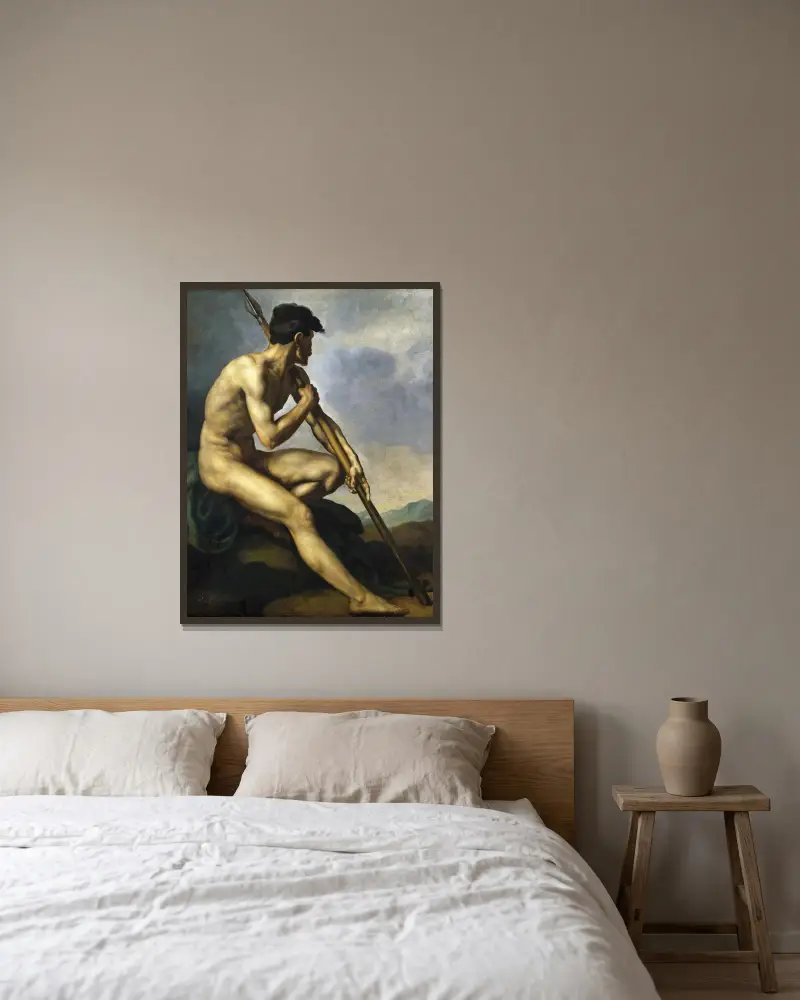 Nackter Krieger mit Speer von Théodore Géricault gerahmt an einer Wand