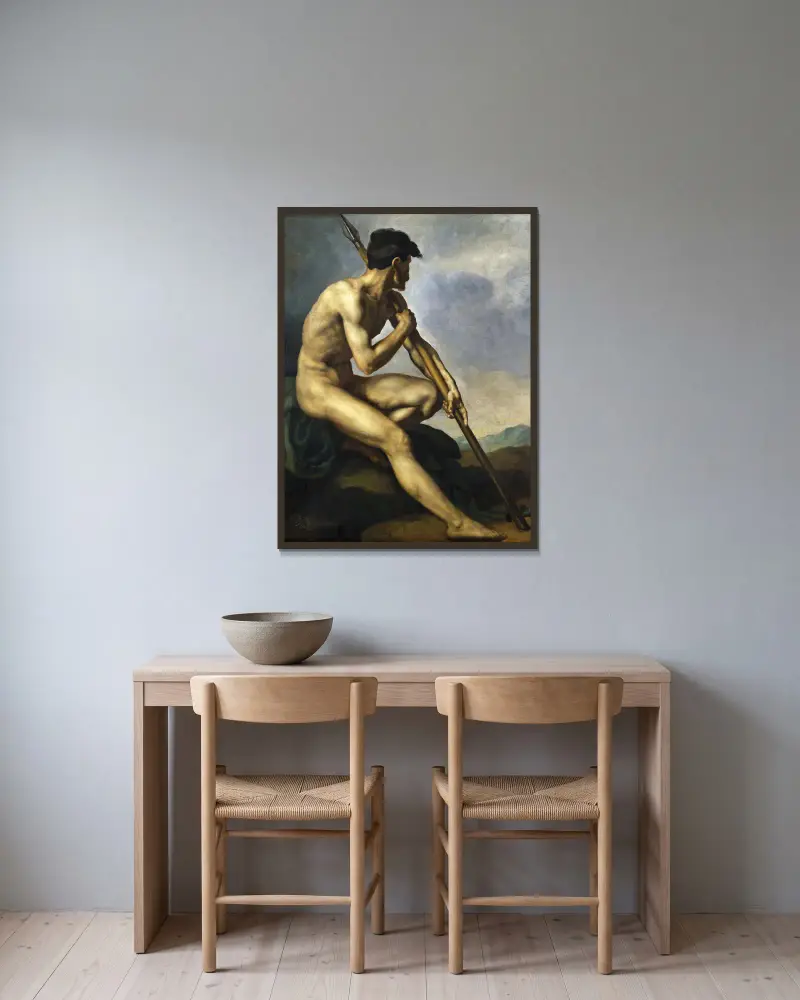 Nackter Krieger mit Speer von Théodore Géricault gerahmt an einer Wand