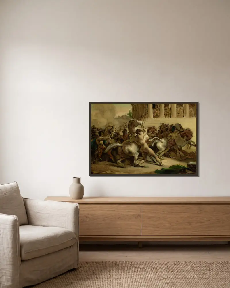 De rytterlösa hästarnas kapplöpning av Théodore Géricault inramad på en vägg