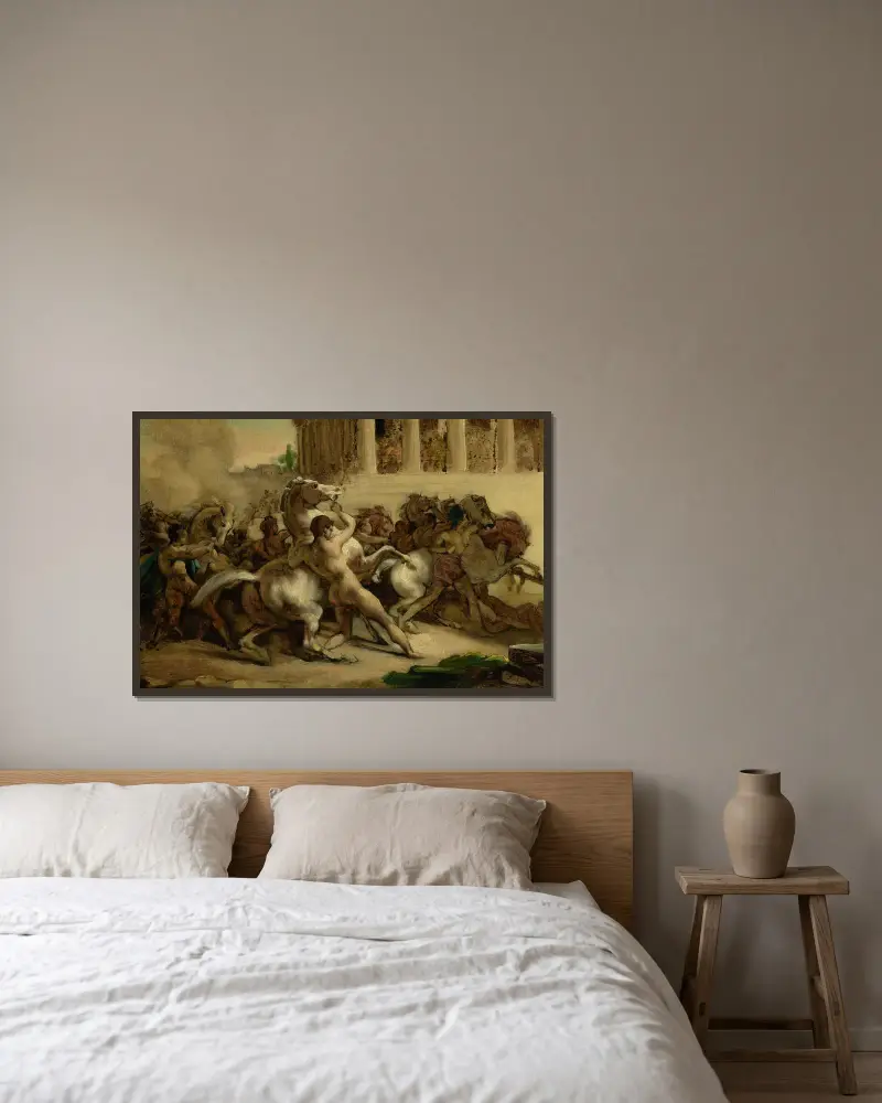 De rytterlösa hästarnas kapplöpning av Théodore Géricault inramad på en vägg