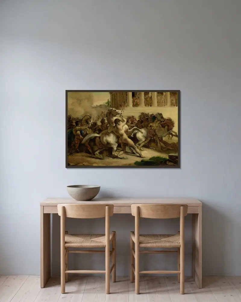De rytterlösa hästarnas kapplöpning av Théodore Géricault inramad på en vägg