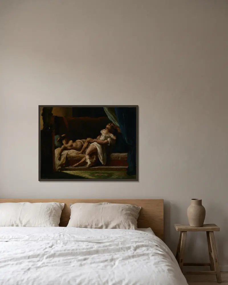 Three Lovers av Théodore Géricault inramad på en vägg