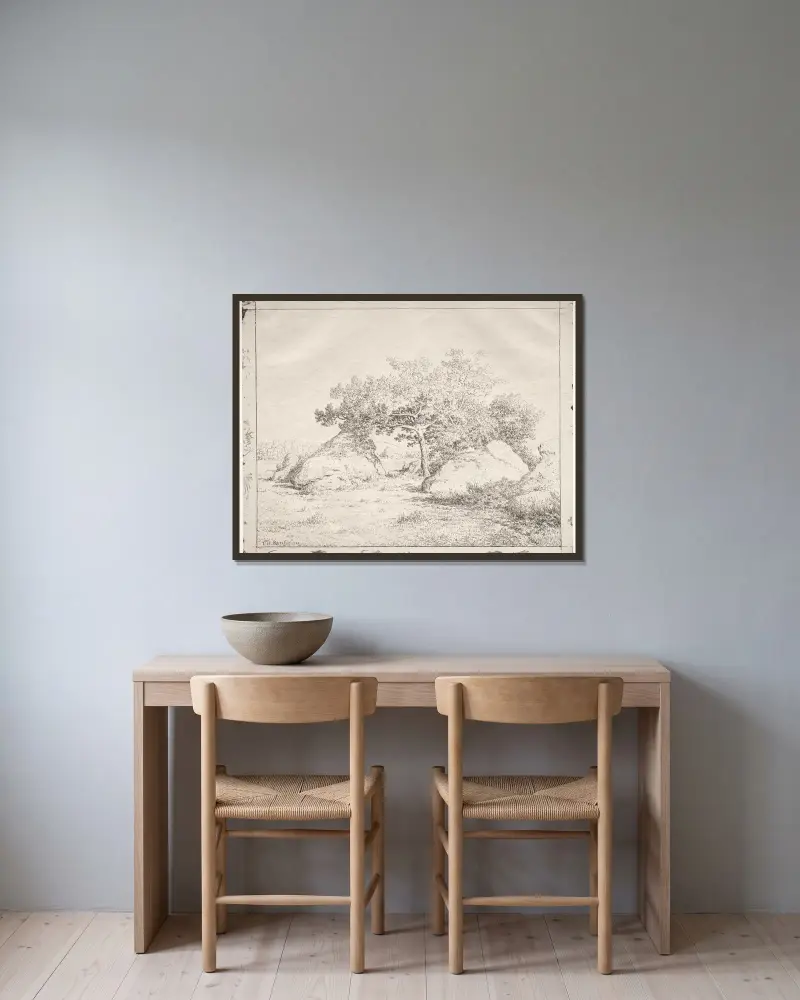 Kirschbaum bei Blau von Théodore Rousseau gerahmt an einer Wand