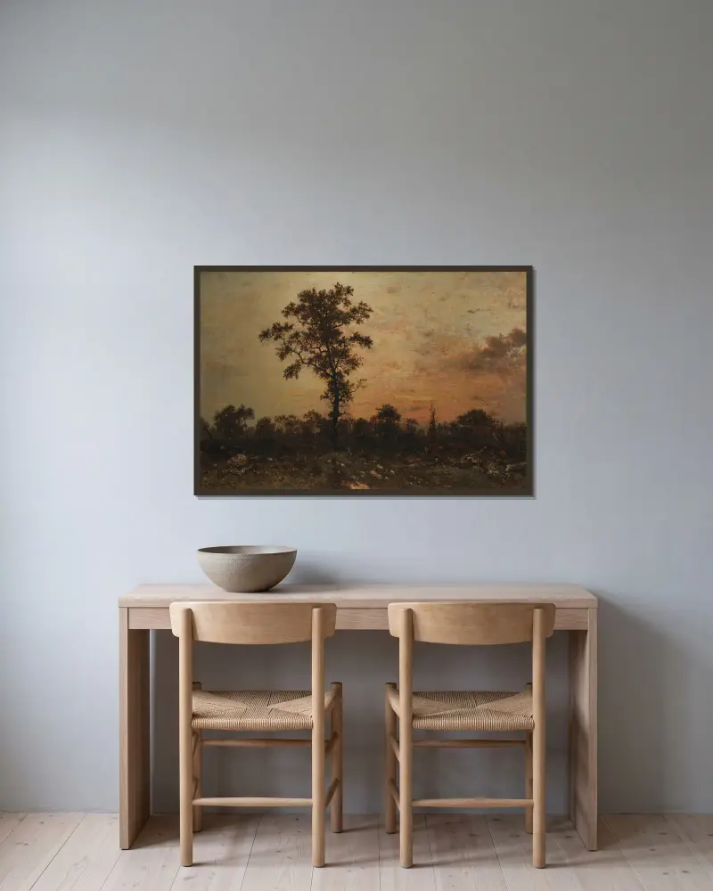 Skogsbrynet, solnedgång av Théodore Rousseau inramad på en vägg