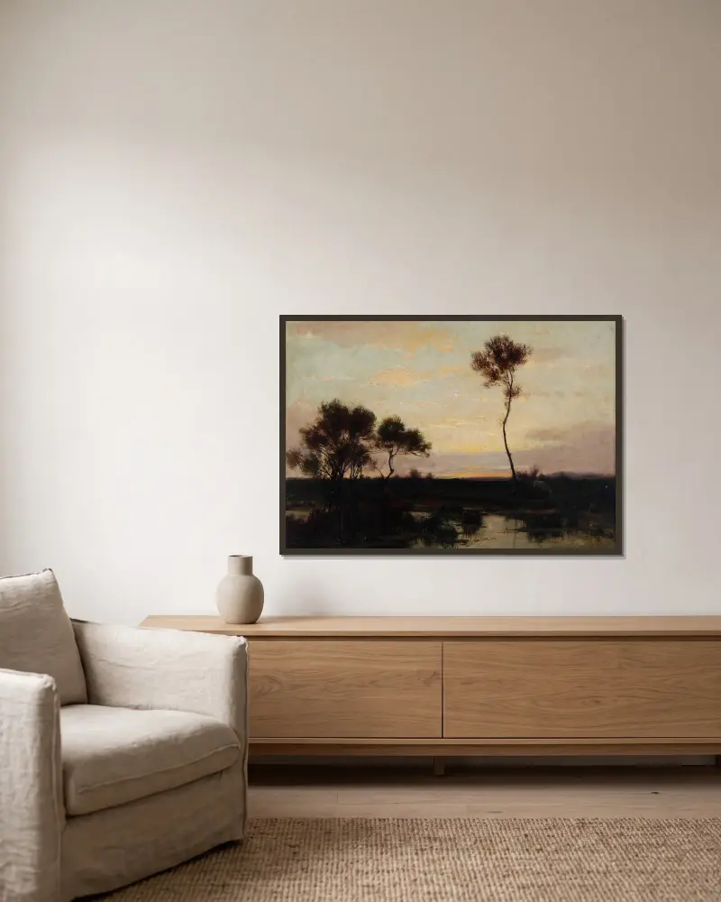Lake landscape av Théodore Rousseau inramad på en vägg