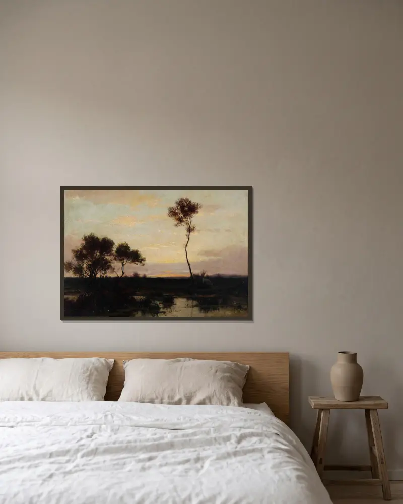 Lake landscape av Théodore Rousseau inramad på en vägg