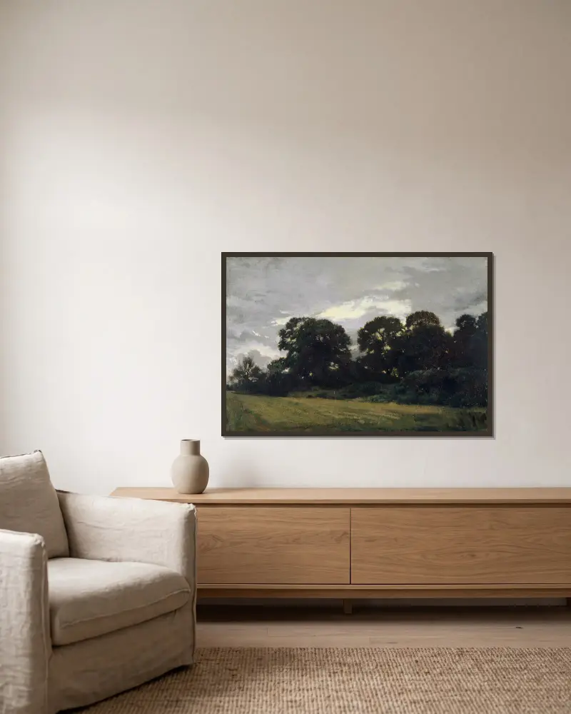 Landschaft mit Bäumen von Théodore Rousseau gerahmt an einer Wand
