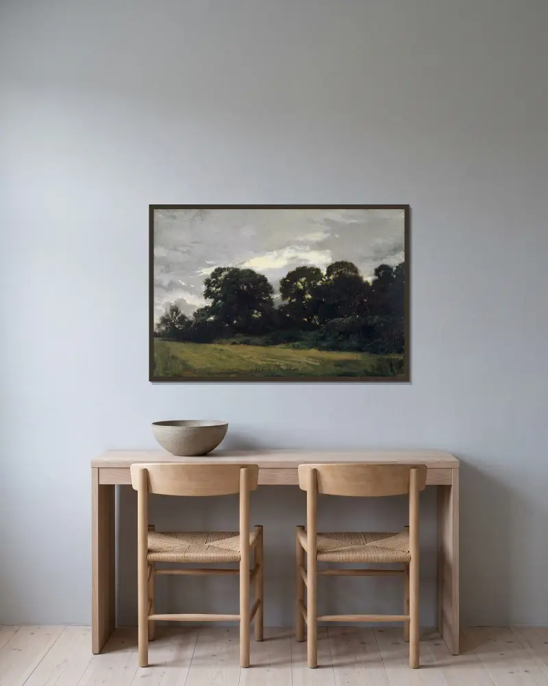 Landschaft mit Bäumen von Théodore Rousseau gerahmt an einer Wand