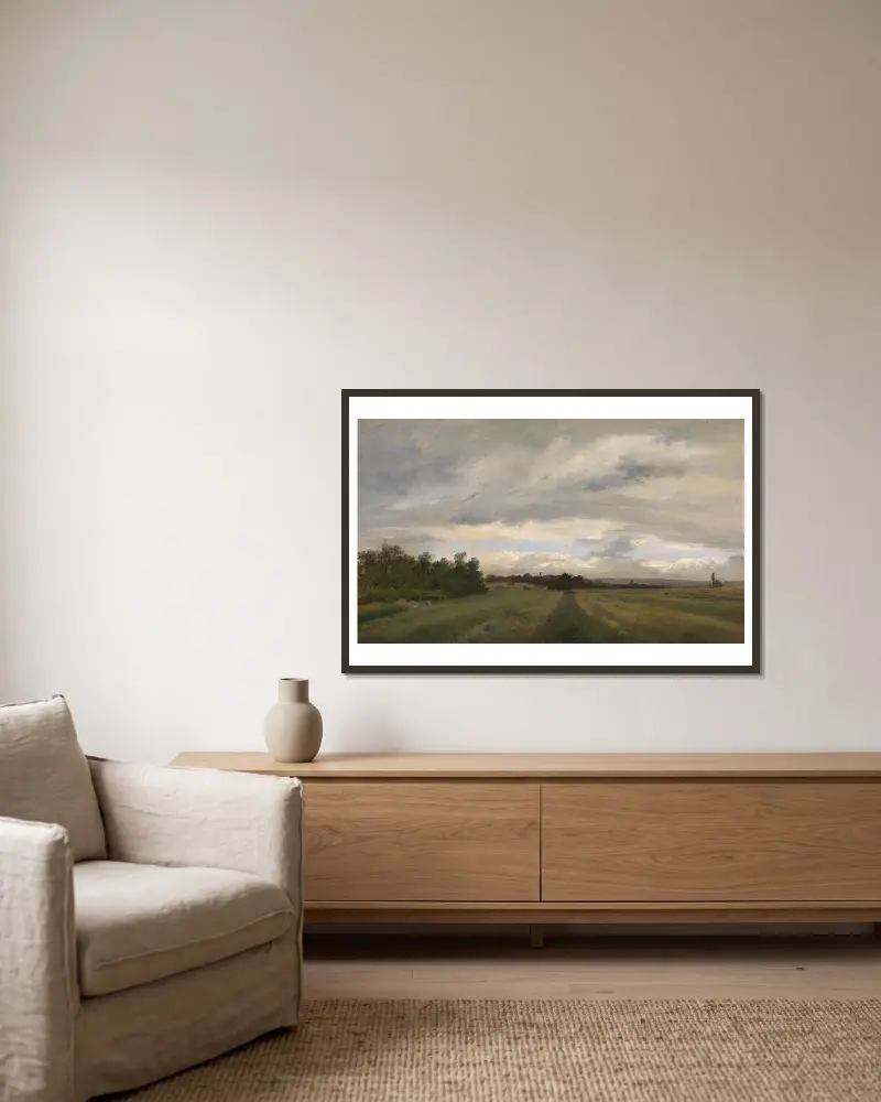 Landschaft av Théodore Rousseau inramad på en vägg