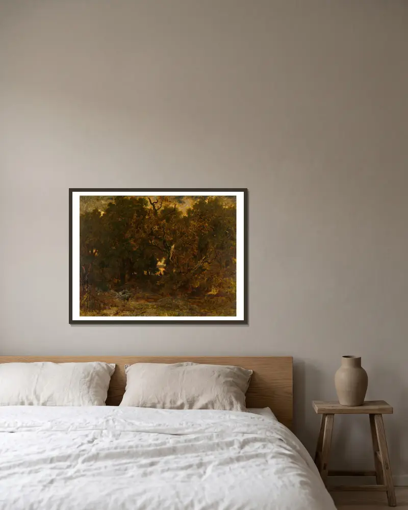 Ut ur skogen i Fontainebleau; solnedgång av Théodore Rousseau inramad på en vägg
