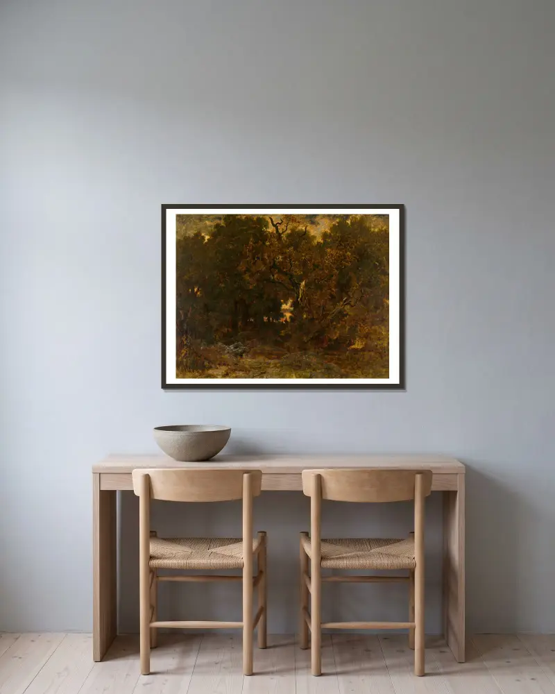 Ut ur skogen i Fontainebleau; solnedgång av Théodore Rousseau inramad på en vägg