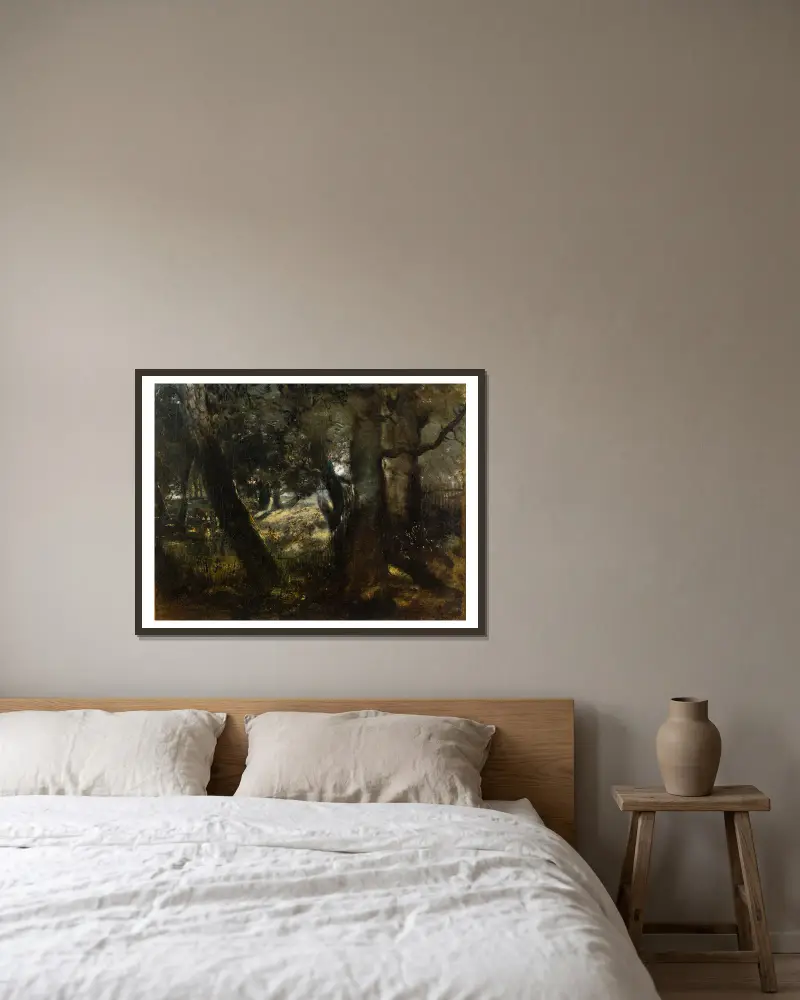 Fasaneri i Compiègneskogen av Théodore Rousseau inramad på en vägg
