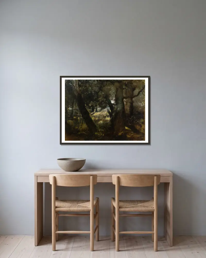 Fasaneri i Compiègneskogen av Théodore Rousseau inramad på en vägg