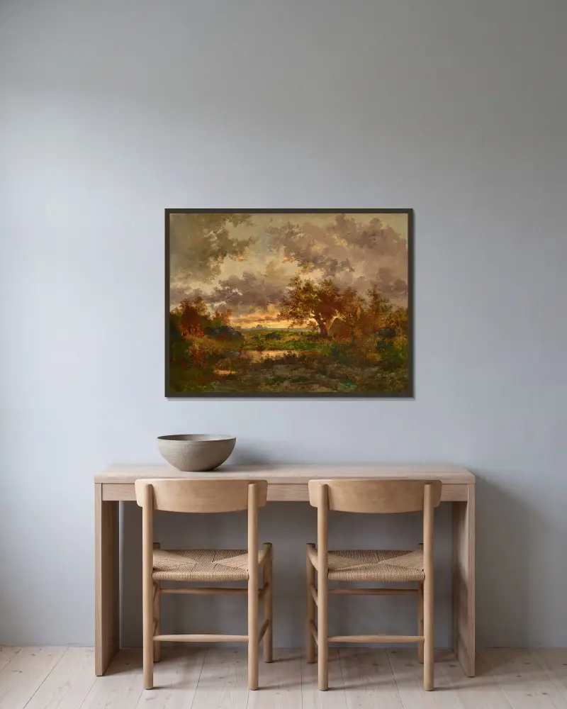 Kolarens hydda av Théodore Rousseau inramad på en vägg