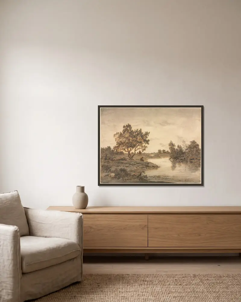 Der Fischer von Théodore Rousseau gerahmt an einer Wand