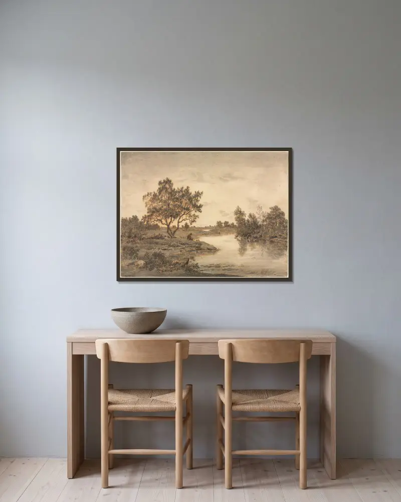 Der Fischer von Théodore Rousseau gerahmt an einer Wand