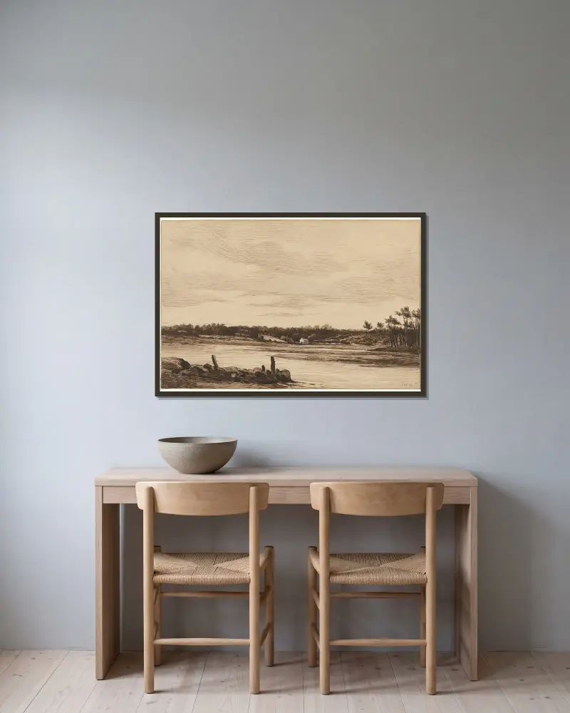 Floden Loing vid kanten av Fontainebleauskogen av Théodore Rousseau inramad på en vägg