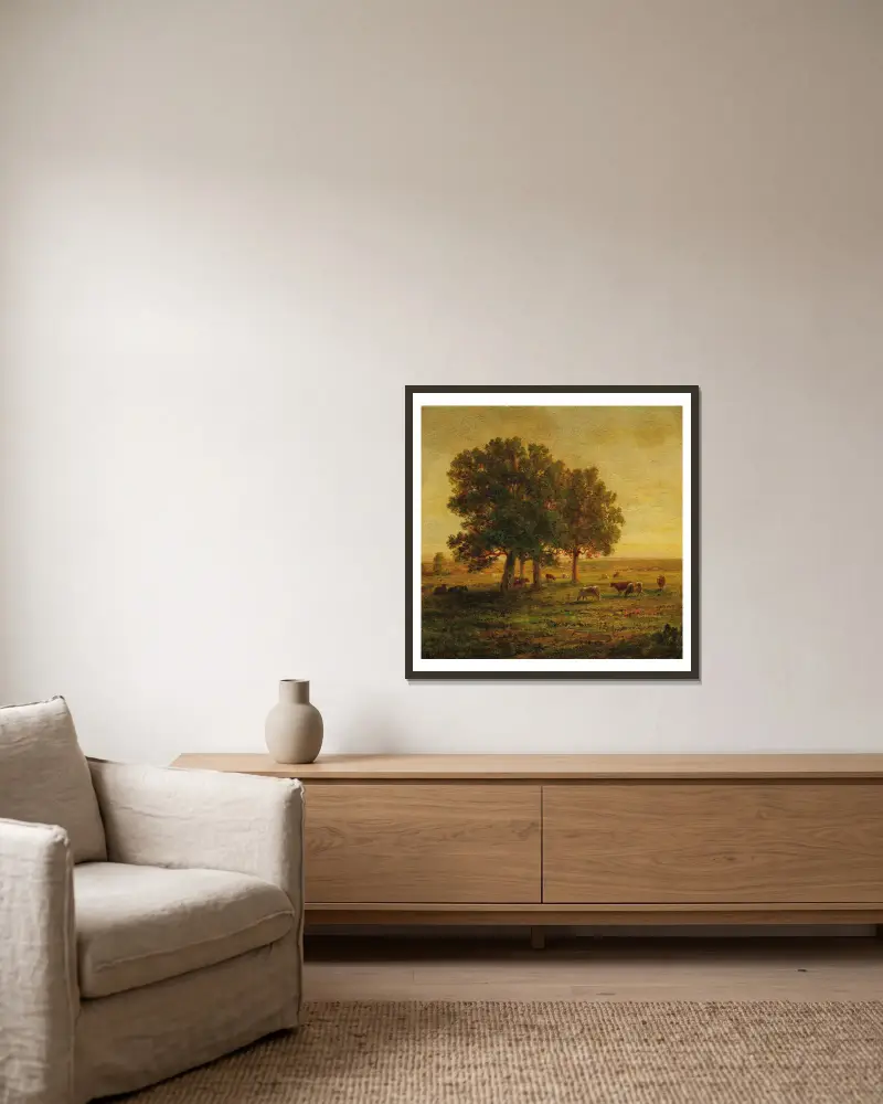 Kühe unter einer Gruppe von Eichen, Apremont von Théodore Rousseau gerahmt an einer Wand