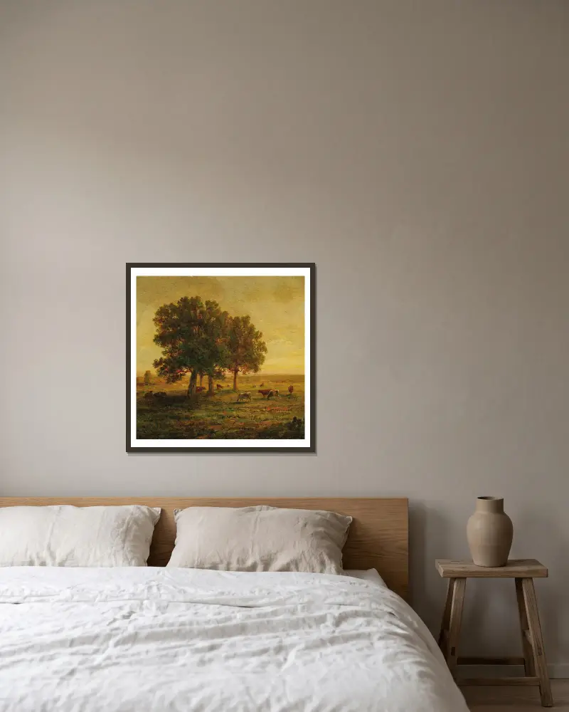 Kühe unter einer Gruppe von Eichen, Apremont von Théodore Rousseau gerahmt an einer Wand