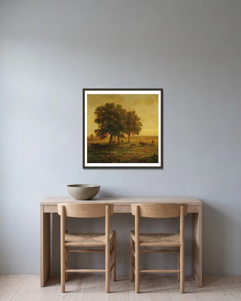 Kühe unter einer Gruppe von Eichen, Apremont von Théodore Rousseau gerahmt an einer Wand