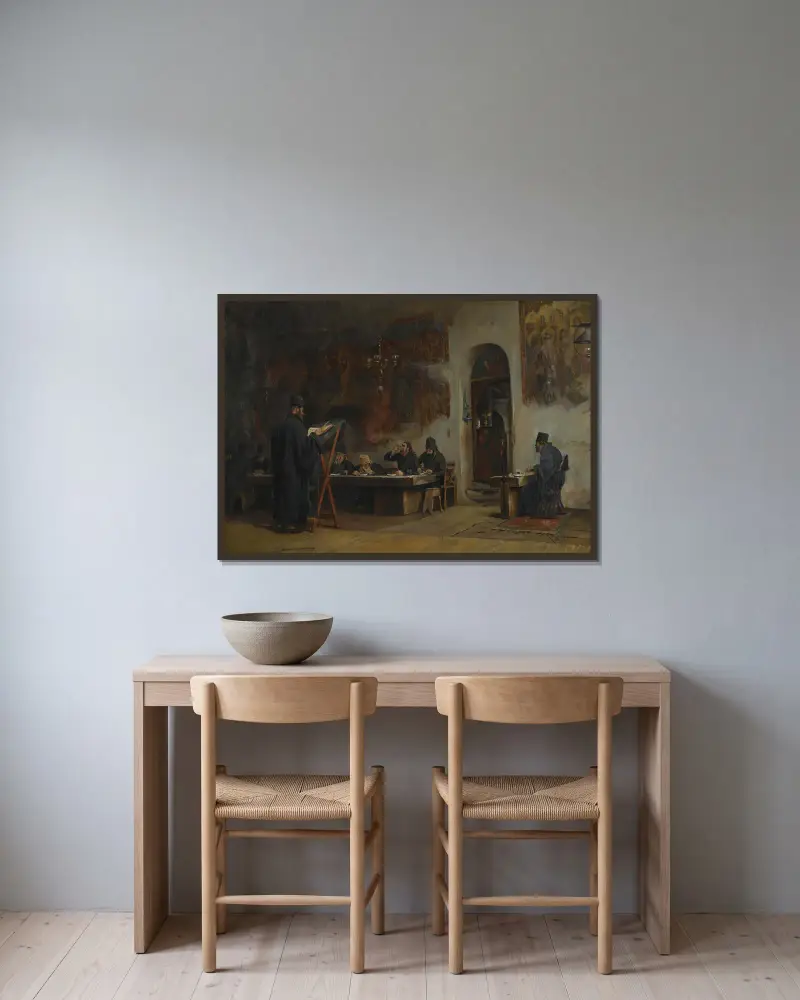 Refektorium i ett grekiskt kloster (Athos) av Theodoros Ralli inramad på en vägg