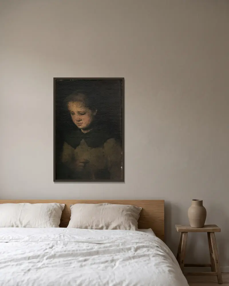 Das Mädchen in Grau von Théodule Ribot gerahmt an einer Wand