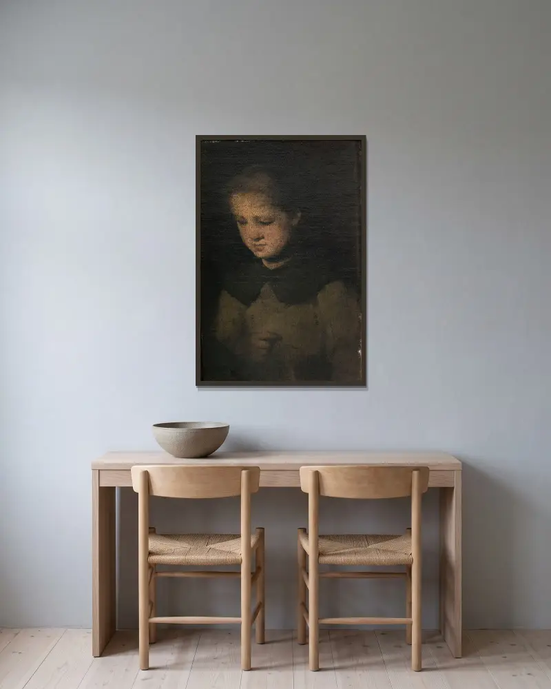 Das Mädchen in Grau von Théodule Ribot gerahmt an einer Wand