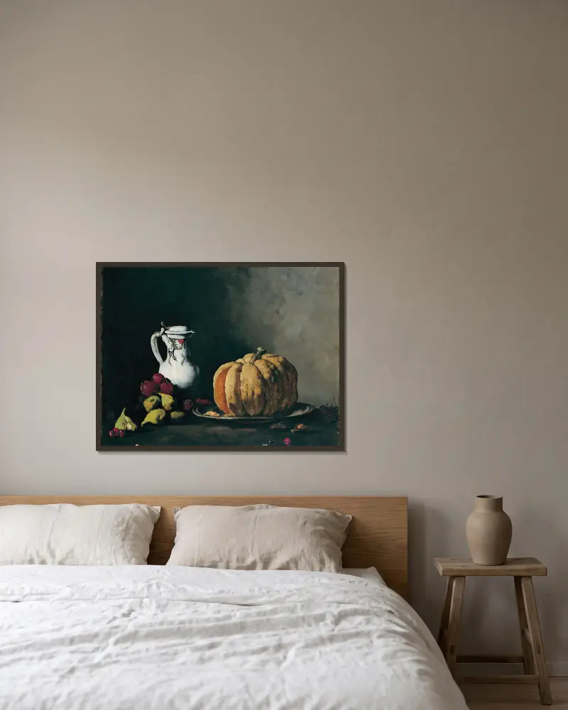 Stilleben med pumpa, plommon, körsbär, fikon och kruka av Théodule Ribot inramad på en vägg