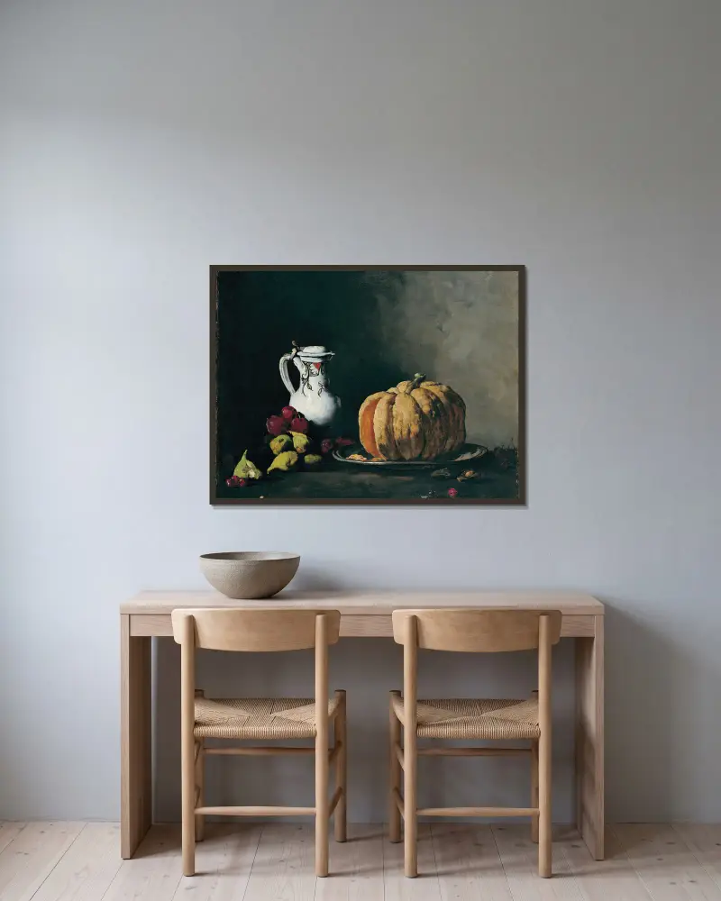 Stilleben med pumpa, plommon, körsbär, fikon och kruka av Théodule Ribot inramad på en vägg