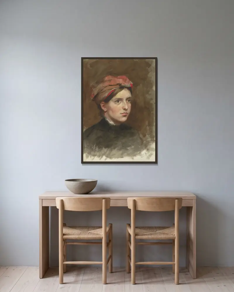 Porträtt av en ung kvinna med röd huvudduk av Thérèse Schwartze inramad på en vägg
