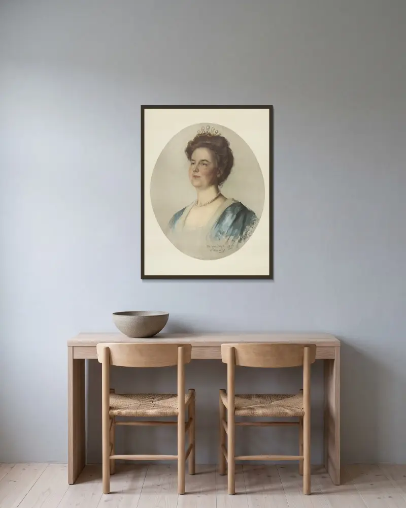 Porträtt av Wilhelmina, drottning av Nederländerna av Thérèse Schwartze inramad på en vägg