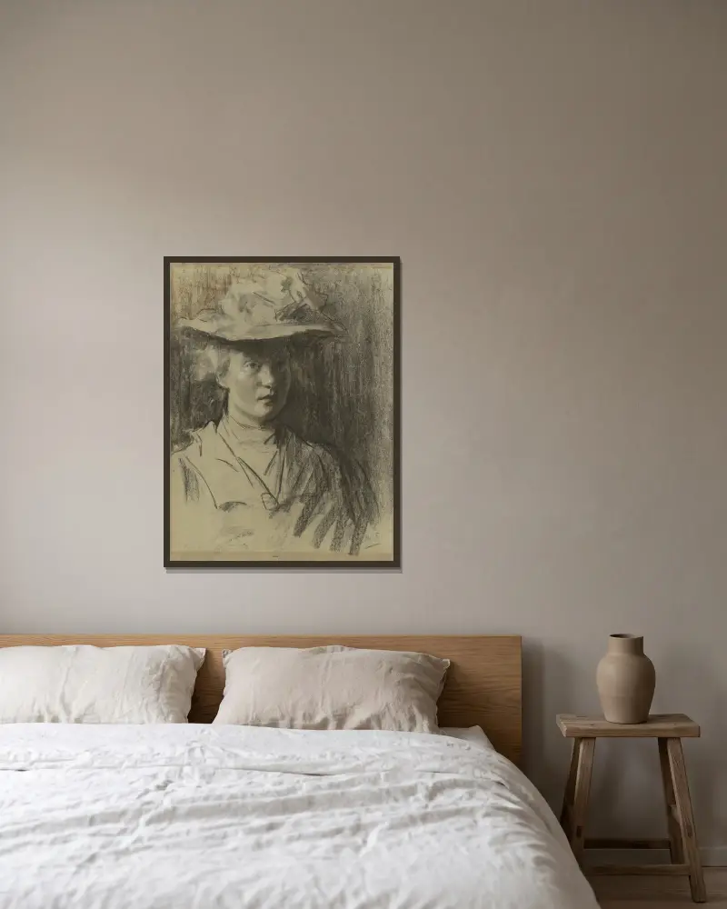 Kvinna med hatt av Thérèse Schwartze inramad på en vägg