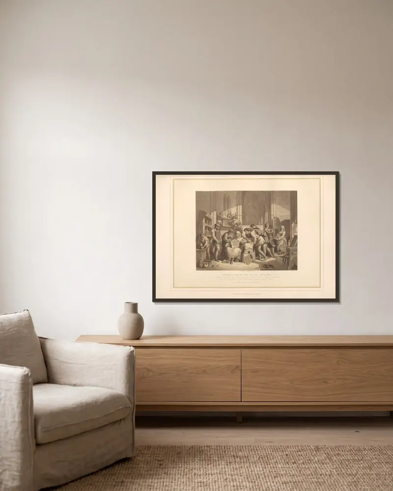 Die Einführung der Druckkunst von Thomas Archer gerahmt an einer Wand