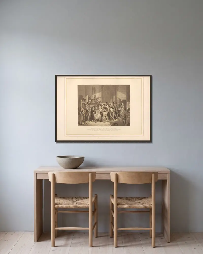 Die Einführung der Druckkunst von Thomas Archer gerahmt an einer Wand