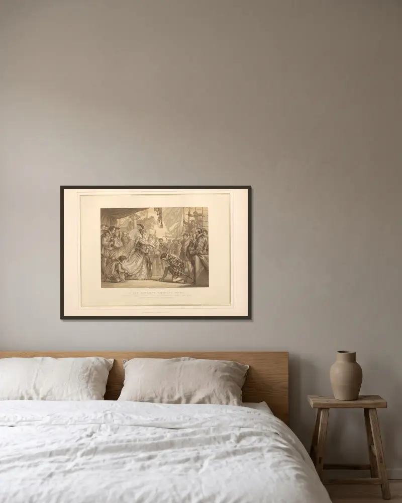Königin Elizabeth schlägt Admiral Drake zum Ritter von Thomas Archer gerahmt an einer Wand