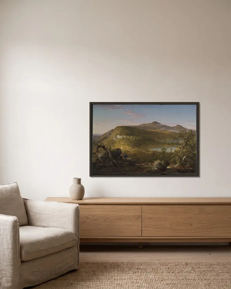 Utsikt över de två sjöarna och Mountain House, Catskillbergen, morgon av Thomas Cole inramad på en vägg
