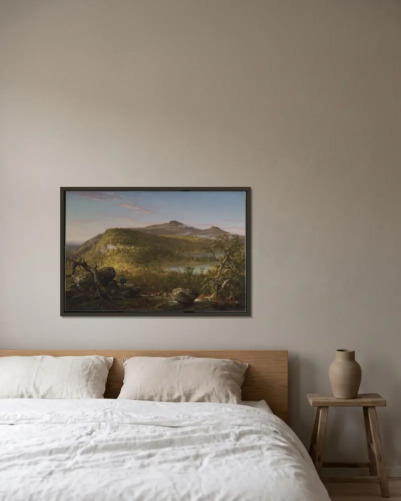Utsikt över de två sjöarna och Mountain House, Catskillbergen, morgon av Thomas Cole inramad på en vägg
