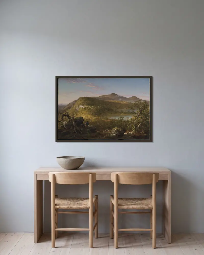 Utsikt över de två sjöarna och Mountain House, Catskillbergen, morgon av Thomas Cole inramad på en vägg