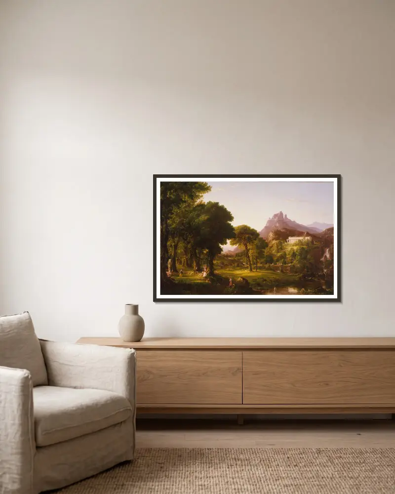 Dream of Arcadia av Thomas Cole inramad på en vägg