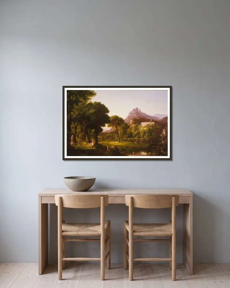 Dream of Arcadia av Thomas Cole inramad på en vägg