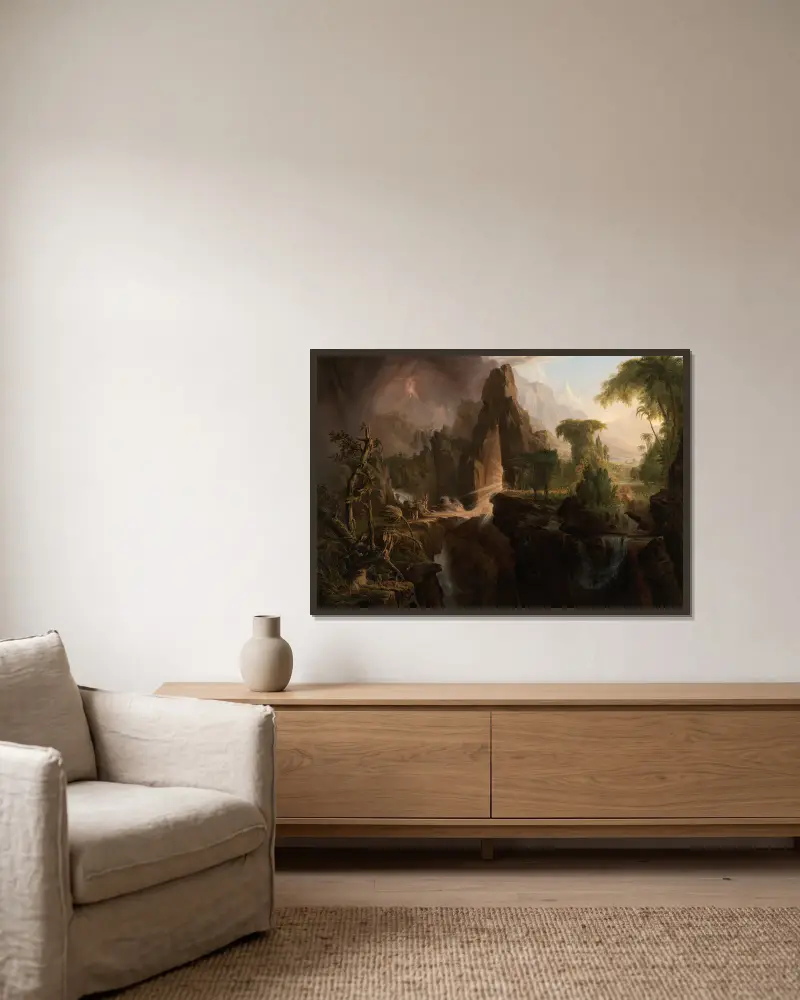 Utvisningen ur Edens trädgård av Thomas Cole inramad på en vägg