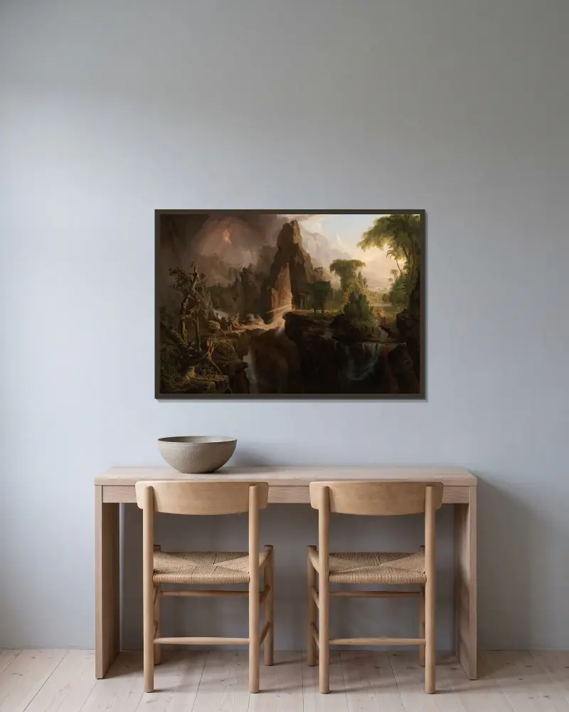 Utvisningen ur Edens trädgård av Thomas Cole inramad på en vägg