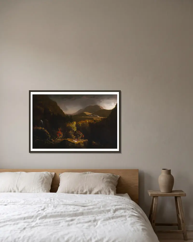 Landschaft mit Figuren; eine Szene aus „Der letzte Mohikaner“ von Thomas Cole gerahmt an einer Wand