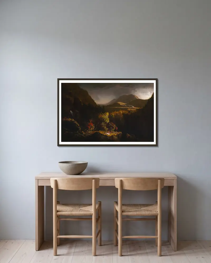 Landschaft mit Figuren; eine Szene aus „Der letzte Mohikaner“ von Thomas Cole gerahmt an einer Wand
